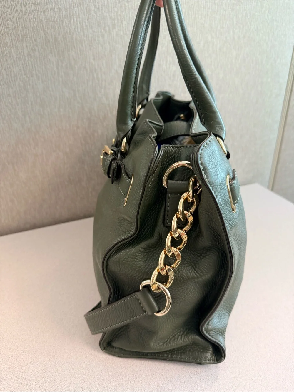 Michael Kors Dark Olive Hamilton Leather Satchel with Gold Hardware